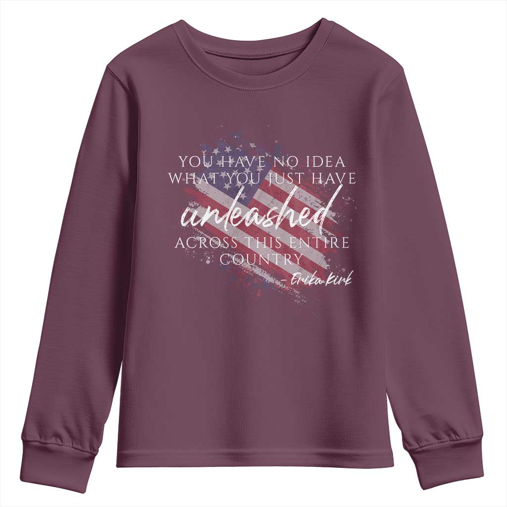 Charlie Kirk Memorial Youth Sweatshirt Erika Kirk Quote Patriotism Faith Gods Merciful Love TS10 Maroon Print Your Wear