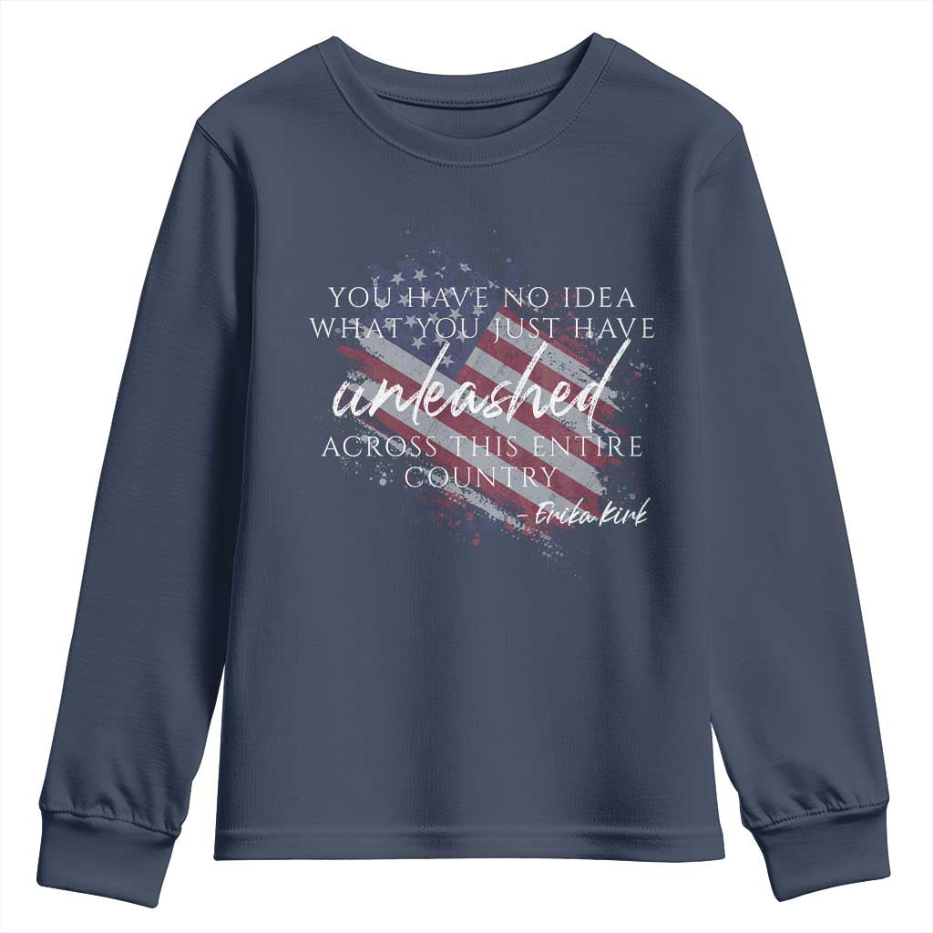 Charlie Kirk Memorial Youth Sweatshirt Erika Kirk Quote Patriotism Faith Gods Merciful Love TS10 Navy Print Your Wear