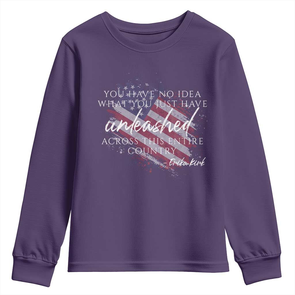 Charlie Kirk Memorial Youth Sweatshirt Erika Kirk Quote Patriotism Faith Gods Merciful Love TS10 Purple Print Your Wear