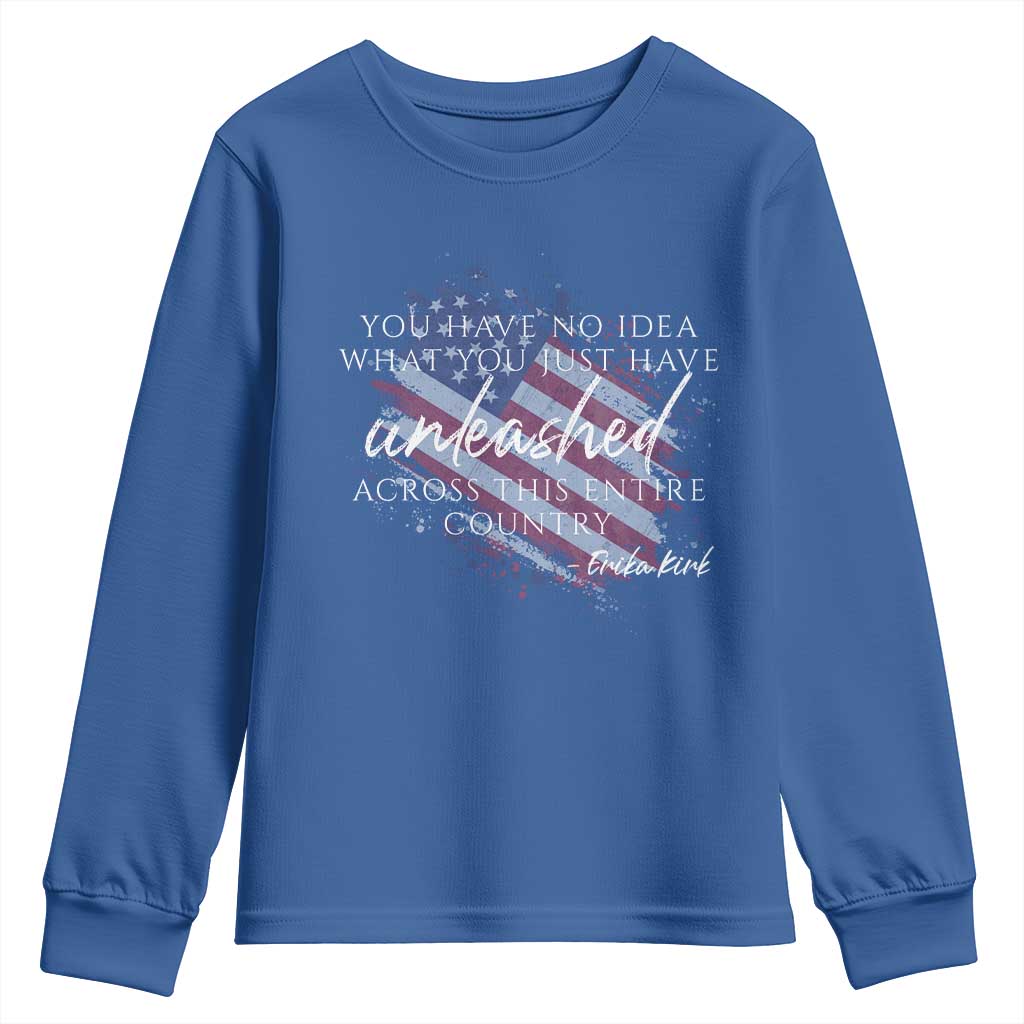 Charlie Kirk Memorial Youth Sweatshirt Erika Kirk Quote Patriotism Faith Gods Merciful Love TS10 Royal Blue Print Your Wear