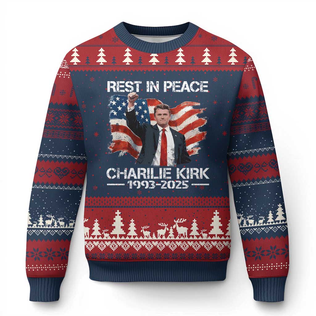 Rest in Peace Charlie Kirk Ugly Christmas Sweater Memorial Tribute Charlie A True Patriot USA Flag TS10 Navy Red Print Your Wear
