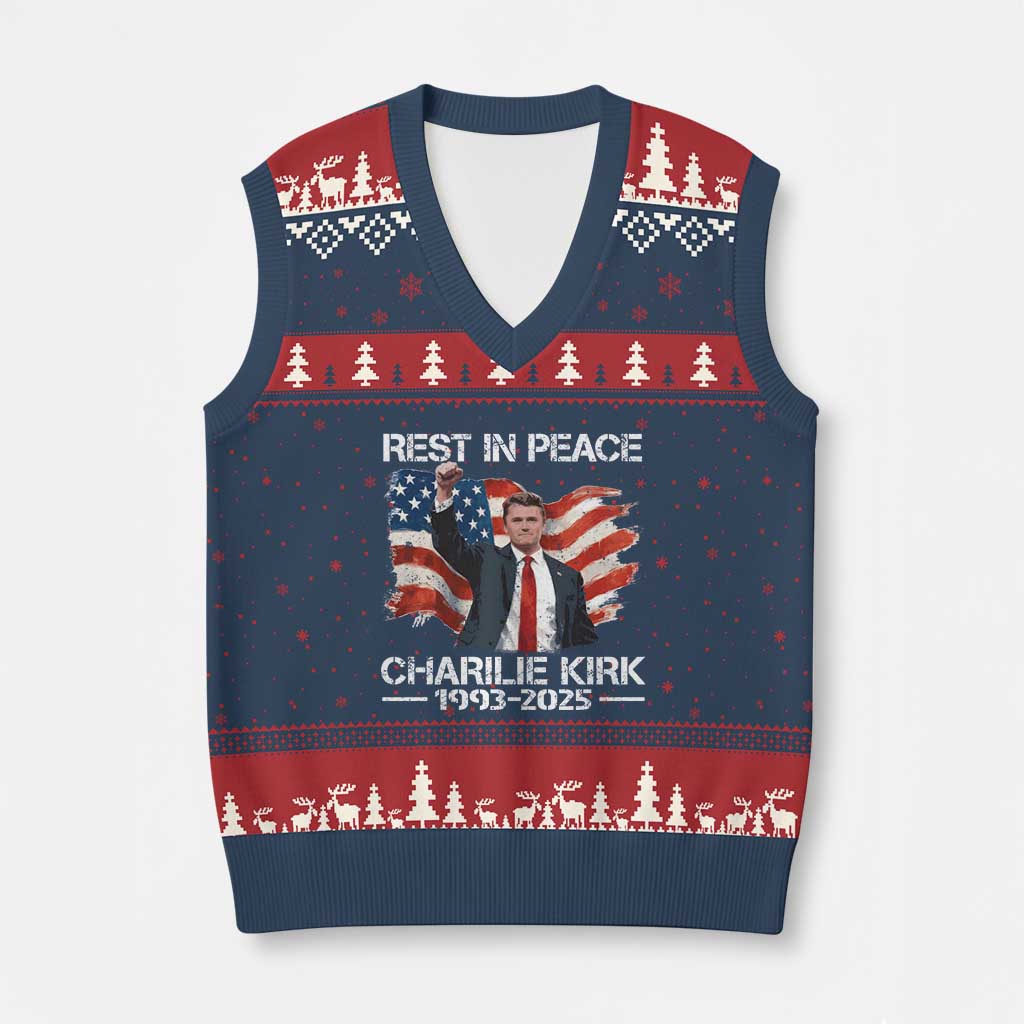 Rest in Peace Charlie Kirk V-Neck Knit Sweater Vest Memorial Tribute Charlie A True Patriot USA Flag TS10 Navy Red Print Your Wear