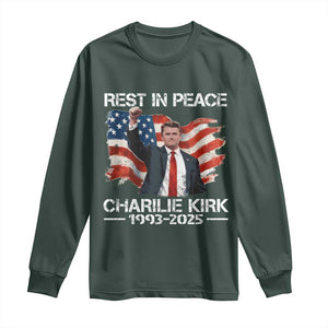 Rest in Peace Charlie Kirk Long Sleeve Shirt Memorial Tribute Charlie A True Patriot USA Flag TS10 Dark Forest Green Print Your Wear