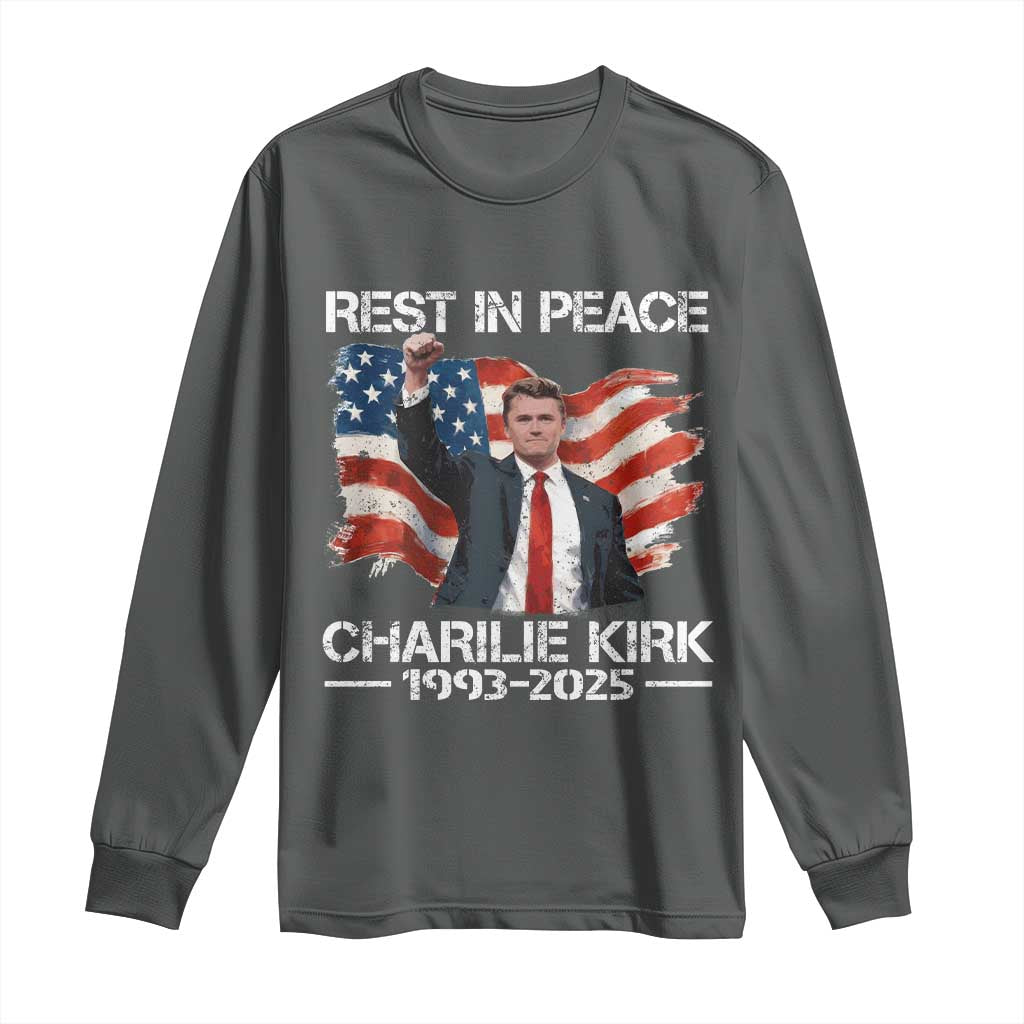 Rest in Peace Charlie Kirk Long Sleeve Shirt Memorial Tribute Charlie A True Patriot USA Flag TS10 Dark Heather Print Your Wear
