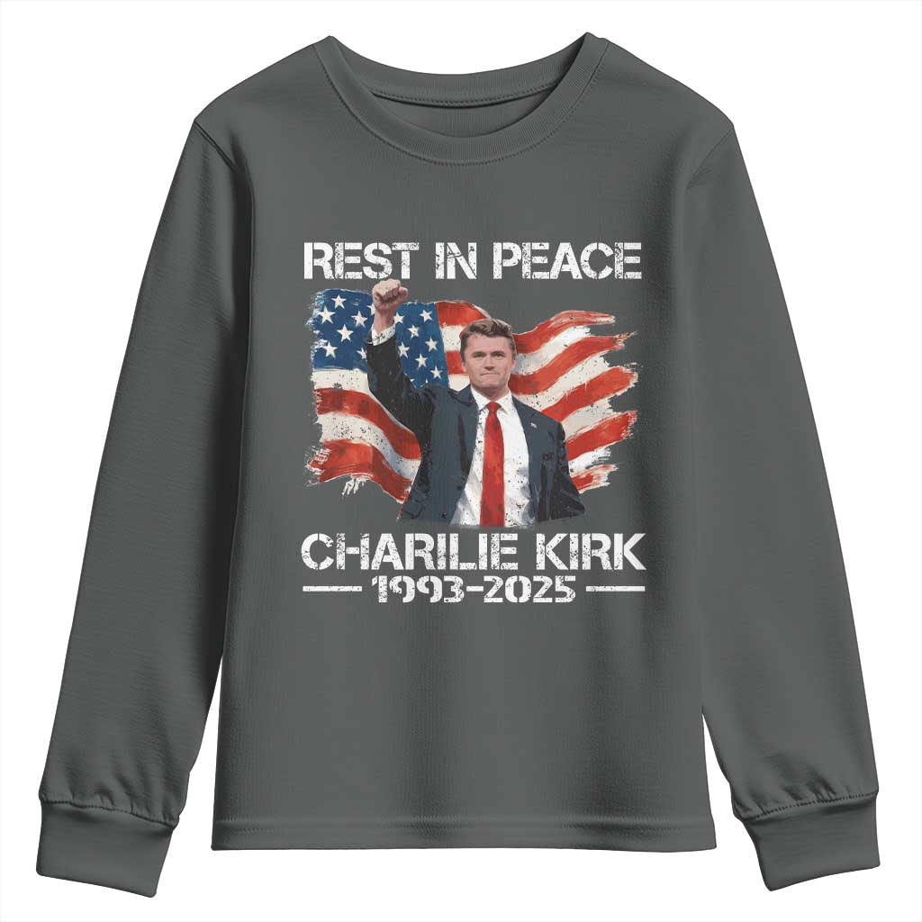Rest in Peace Charlie Kirk Youth Sweatshirt Memorial Tribute Charlie A True Patriot USA Flag TS10 Dark Heather Print Your Wear