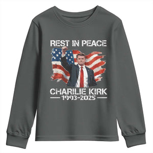 Rest in Peace Charlie Kirk Youth Sweatshirt Memorial Tribute Charlie A True Patriot USA Flag TS10 Dark Heather Print Your Wear