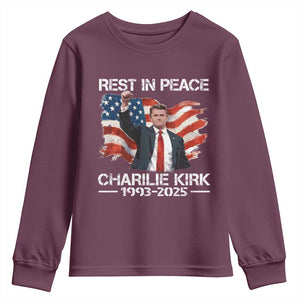 Rest in Peace Charlie Kirk Youth Sweatshirt Memorial Tribute Charlie A True Patriot USA Flag TS10 Maroon Print Your Wear