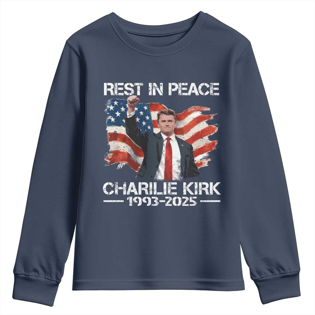 Rest in Peace Charlie Kirk Youth Sweatshirt Memorial Tribute Charlie A True Patriot USA Flag TS10 Navy Print Your Wear
