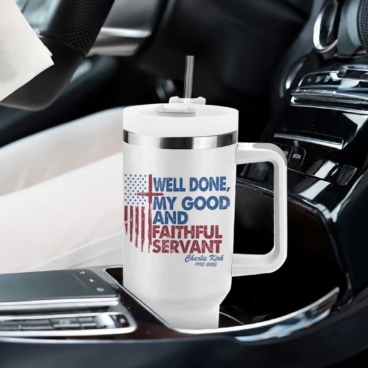 Charlie Kirk Tumbler With Handle Fear Not Mens Christian Memorial Tribute Charlie Cross US Flag TS10 Print Your Wear