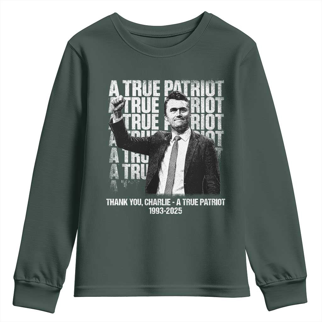 Charlie Kirk Freedom Youth Sweatshirt Vintage A True Patriot Patriotic American TS10 Dark Forest Green Print Your Wear
