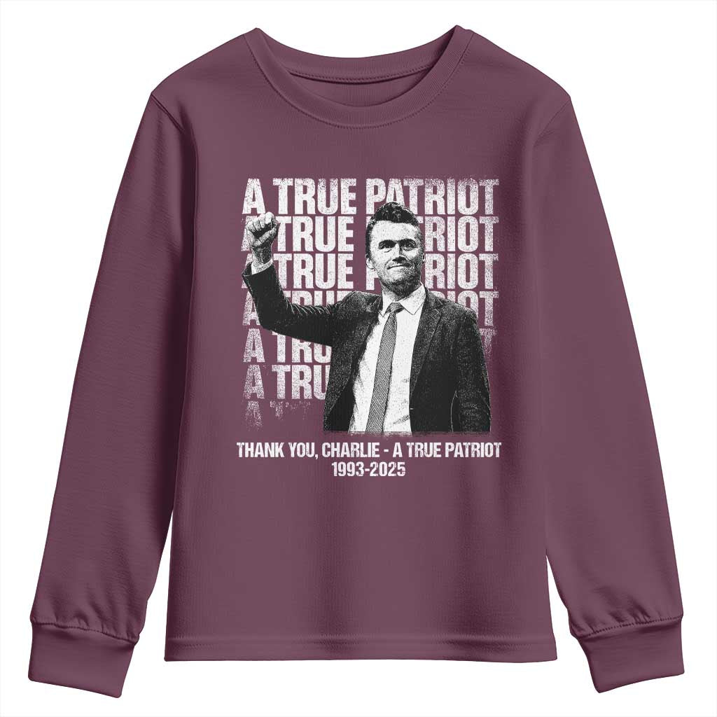 Charlie Kirk Freedom Youth Sweatshirt Vintage A True Patriot Patriotic American TS10 Maroon Print Your Wear