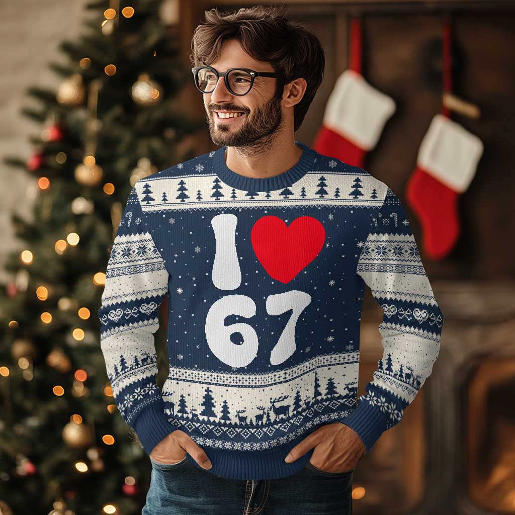 I Love 67 Ugly Christmas Sweater 67th Birthday Six Seven Funny Gen Alpha Slang Saying TS10 Navy Beige Print Your Wear