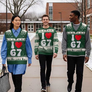 I Love 67 V-Neck Knit Sweater Vest 67th Birthday Six Seven Funny Gen Alpha Slang Saying TS10 Forest Green Beige Print Your Wear