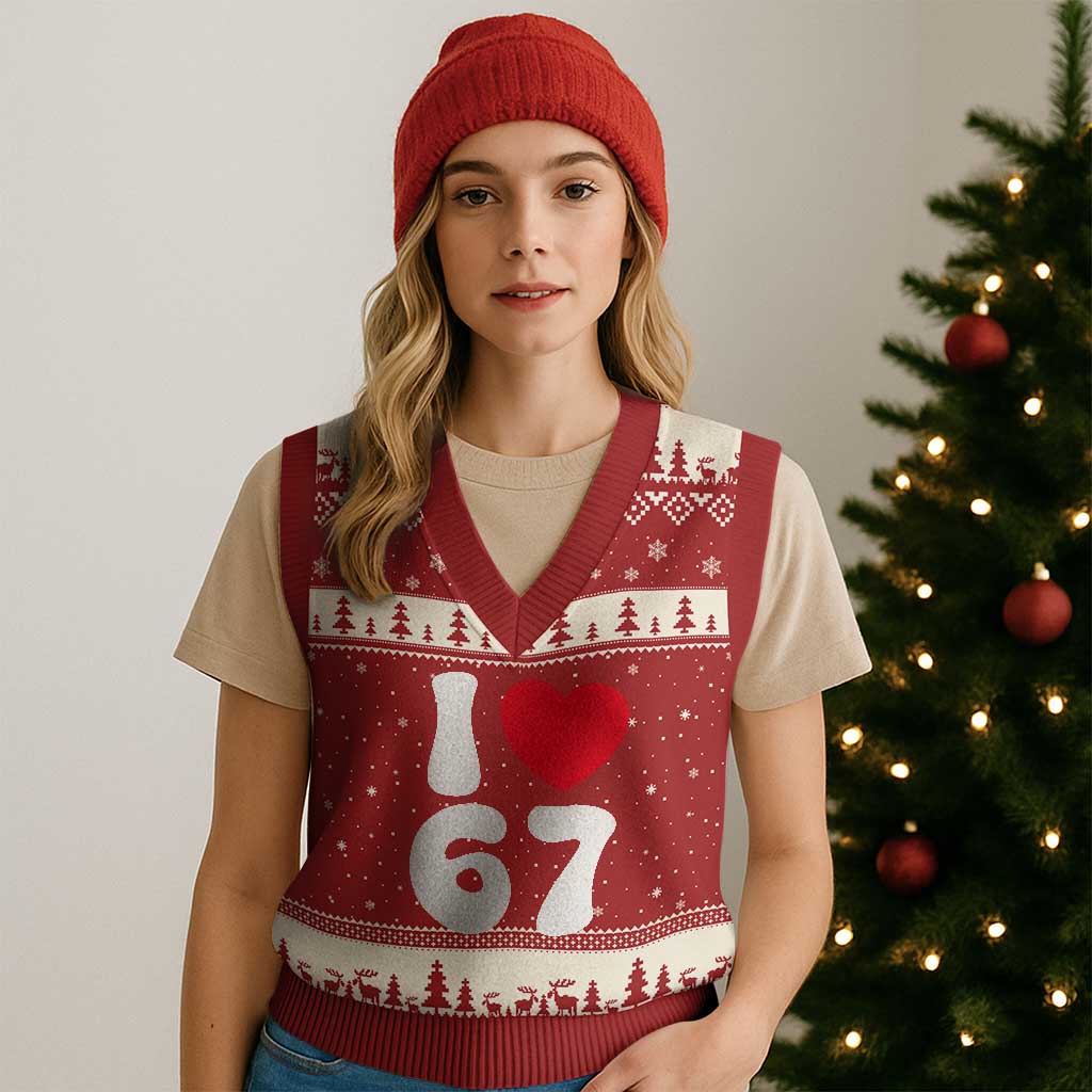 I Love 67 V-Neck Knit Sweater Vest 67th Birthday Six Seven Funny Gen Alpha Slang Saying TS10 Red Beige Print Your Wear