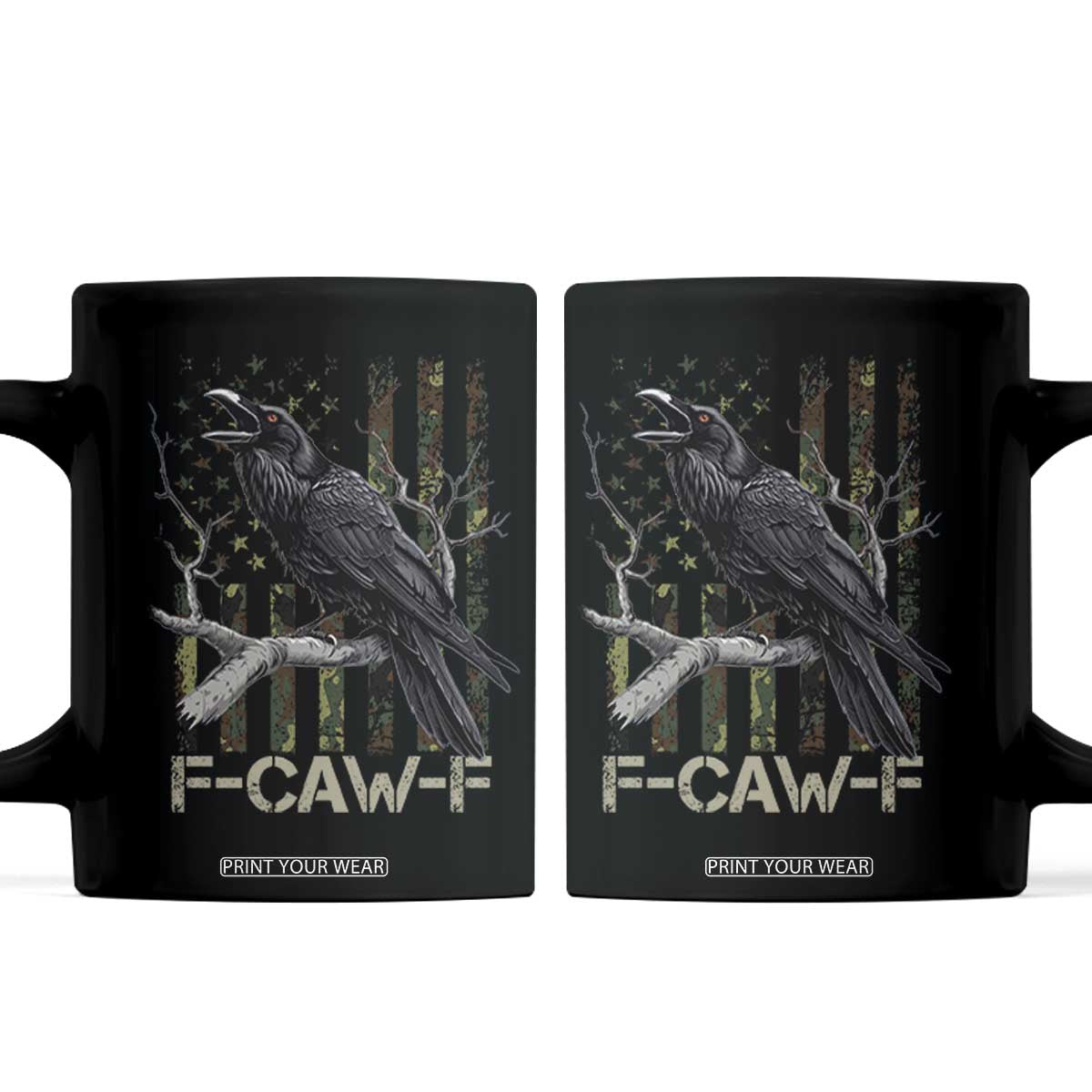 Funny Crow Coffee Mug F-Caw-F Raven Camo USA Flag Adult Humor TS10 Black Print Your Wear