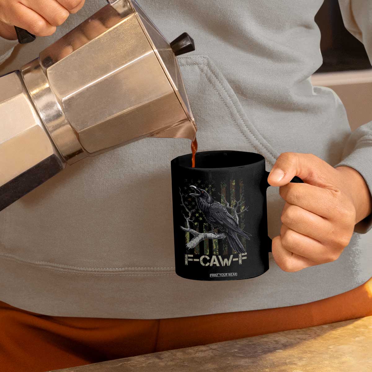 Funny Crow Coffee Mug F-Caw-F Raven Camo USA Flag Adult Humor TS10 Print Your Wear