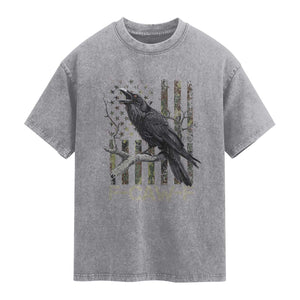 Funny Crow Washed Cotton T-Shirt F-Caw-F Raven Camo USA Flag Adult Humor