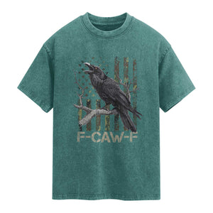Funny Crow Washed Cotton T-Shirt F-Caw-F Raven Camo USA Flag Adult Humor