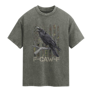 Funny Crow Washed Cotton T-Shirt F-Caw-F Raven Camo USA Flag Adult Humor