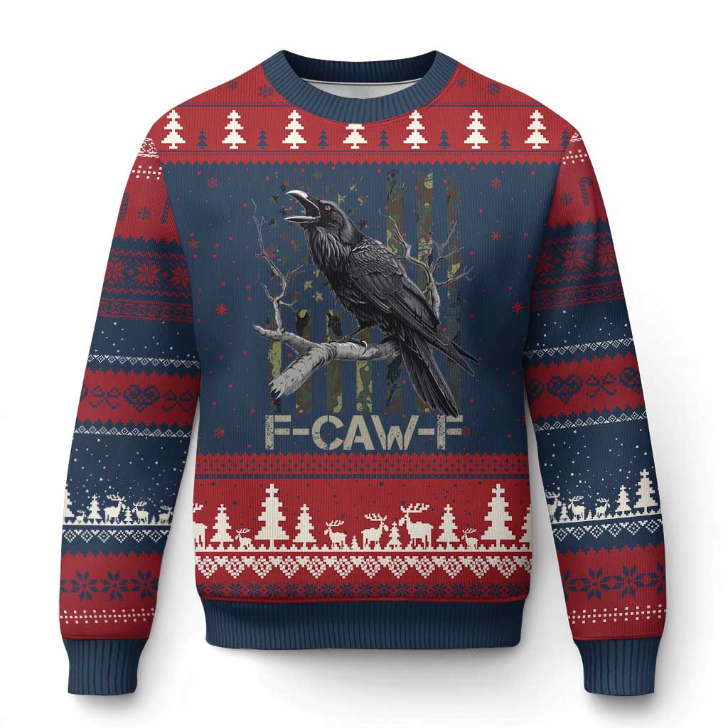 Funny Crow Ugly Christmas Sweater F-Caw-F Raven Camo USA Flag Adult Humor TS10 Navy Red Print Your Wear