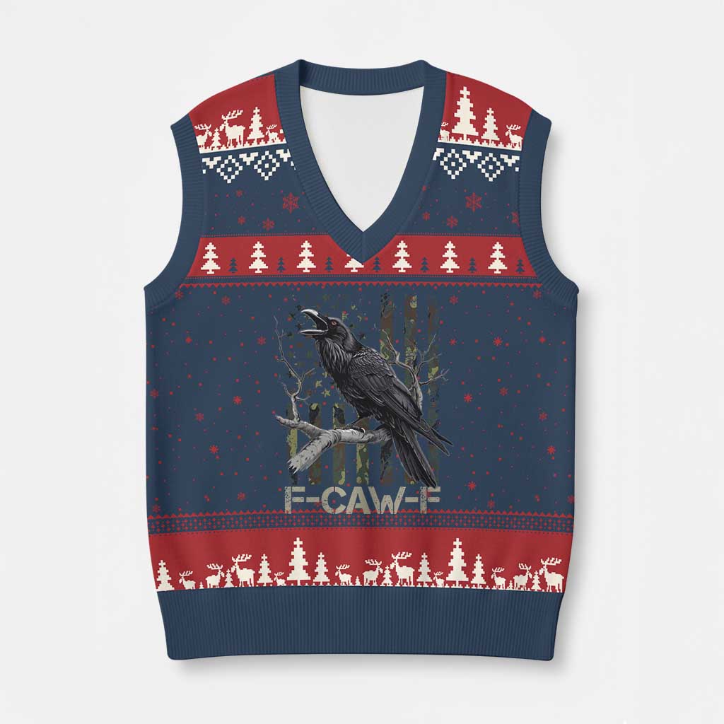 Funny Crow V-Neck Knit Sweater Vest F-Caw-F Raven Camo USA Flag Adult Humor TS10 Navy Red Print Your Wear