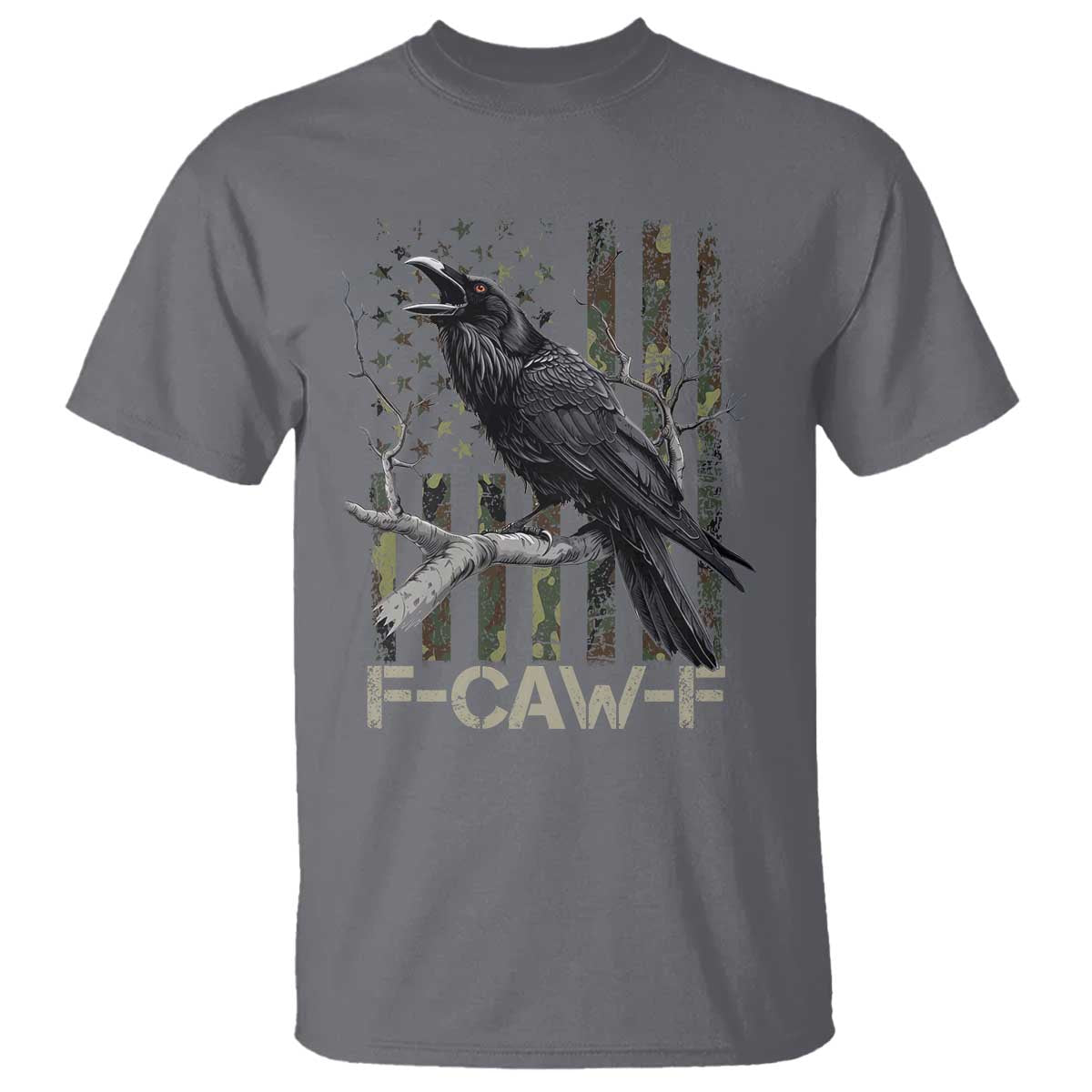 Funny Crow T Shirt - F-Caw-F Raven Camo USA Flag Adult Humor Tee TS10 Charcoal Print Your Wear