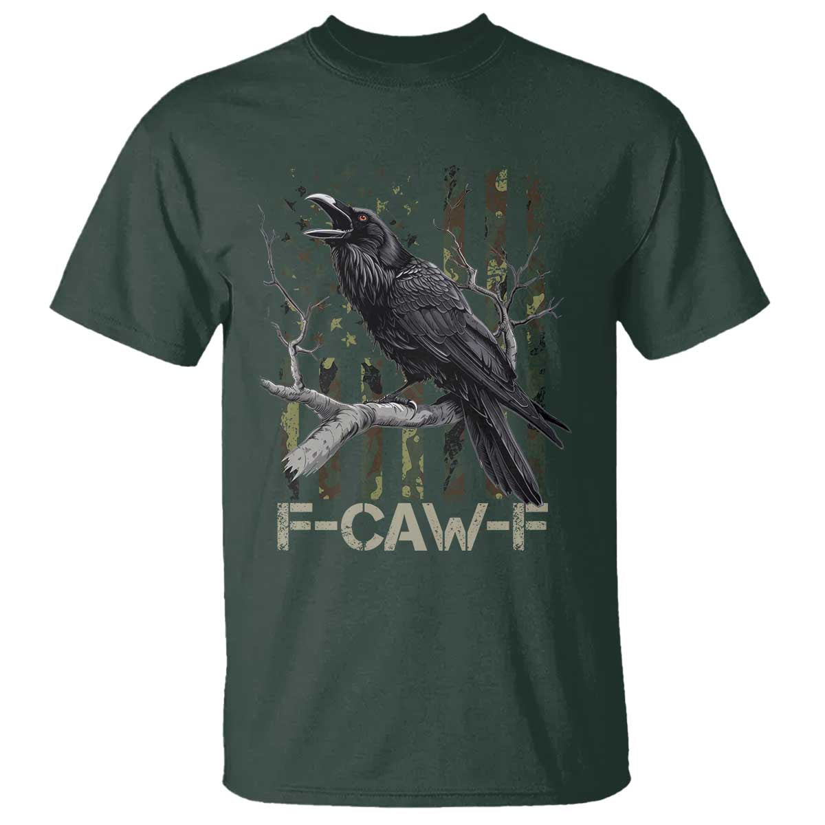 Funny Crow T Shirt F-Caw-F Raven Camo USA Flag Adult Humor TS10 Dark Forest Green Print Your Wear