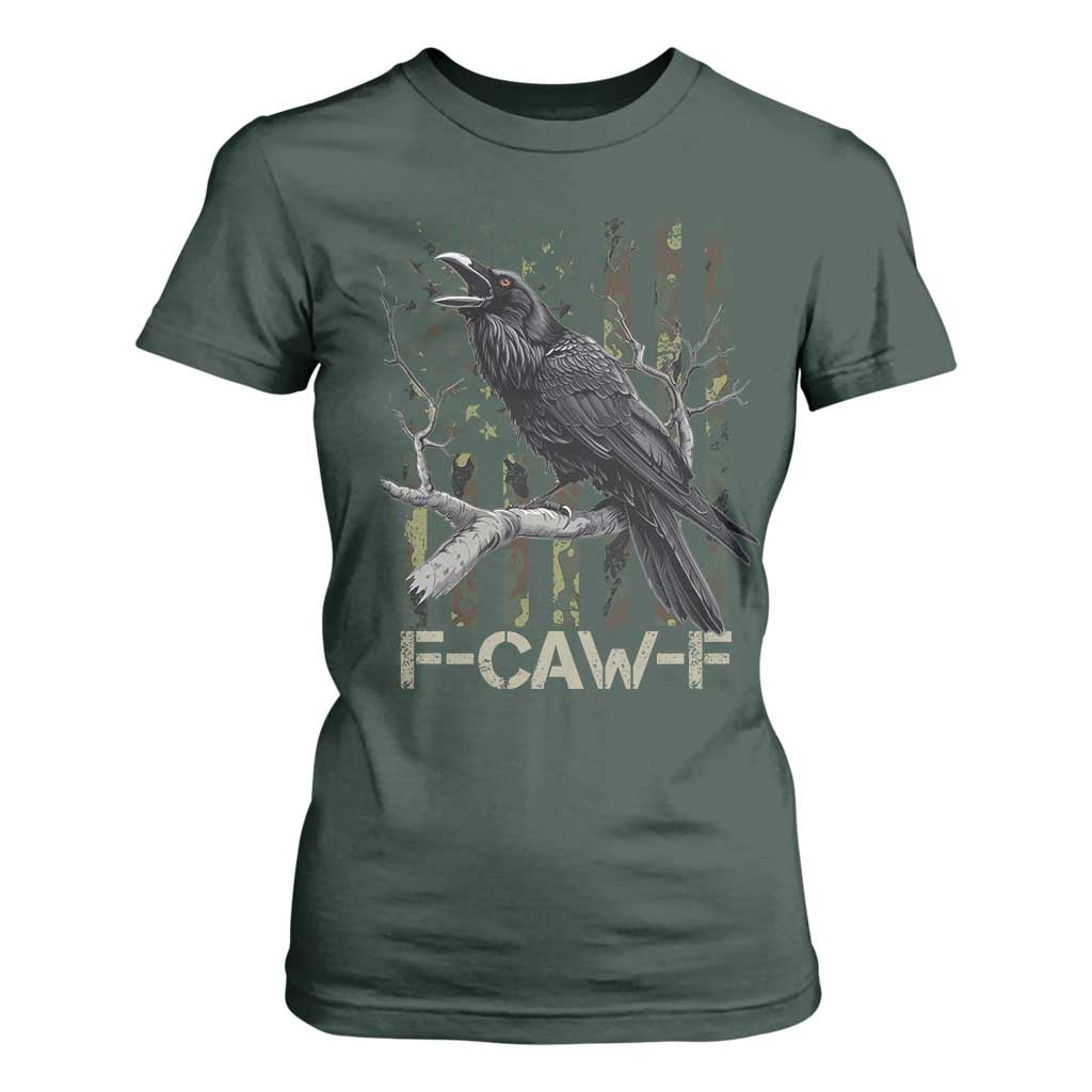 Funny Crow T Shirt For Women F-Caw-F Raven Camo USA Flag Adult Humor TS10 Dark Forest Green Print Your Wear