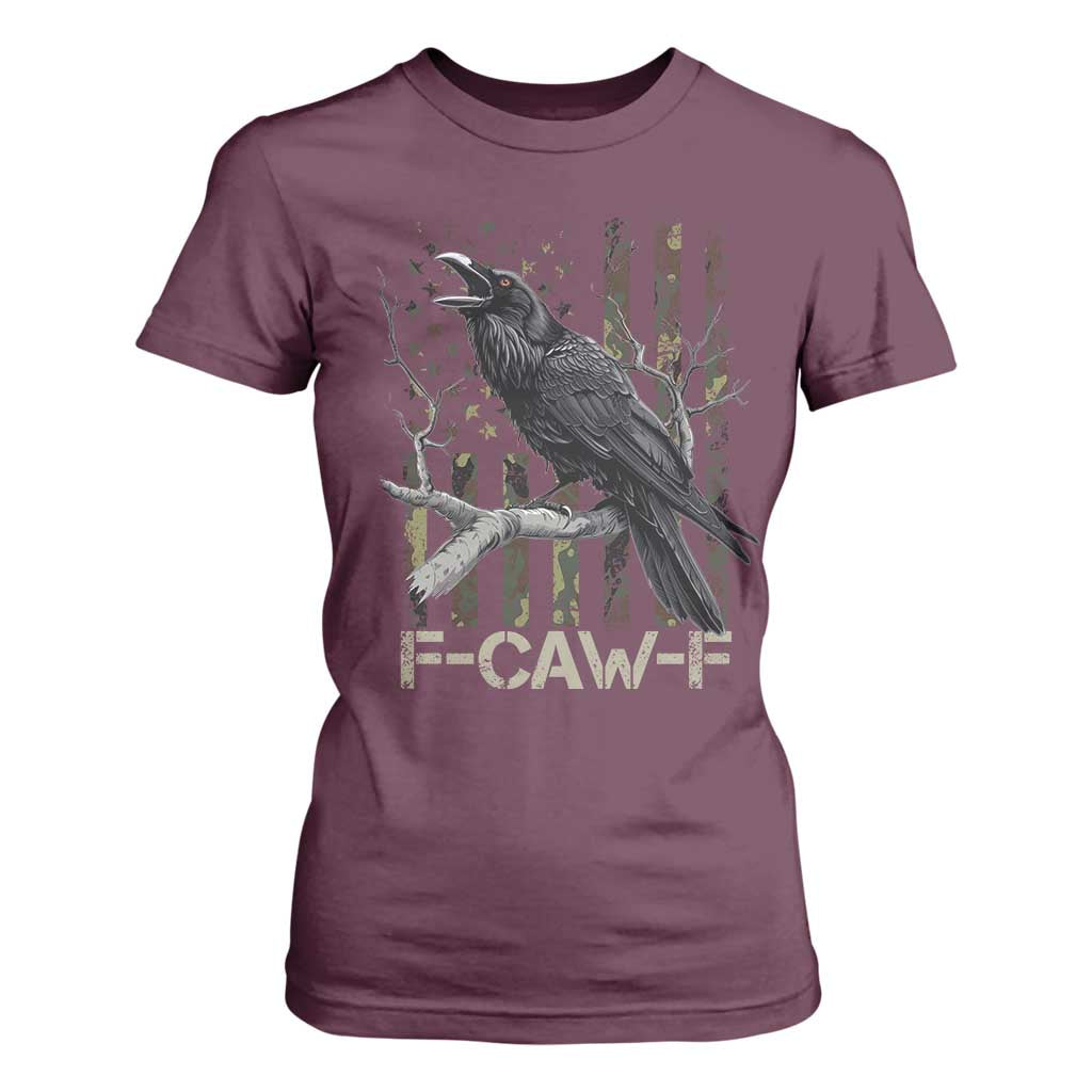 Funny Crow T Shirt For Women F-Caw-F Raven Camo USA Flag Adult Humor TS10 Maroon Print Your Wear