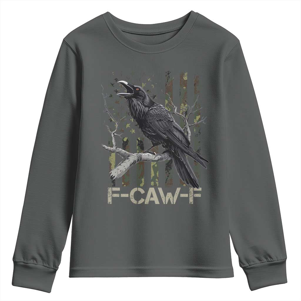 Funny Crow Youth Sweatshirt F-Caw-F Raven Camo USA Flag Adult Humor TS10 Dark Heather Print Your Wear