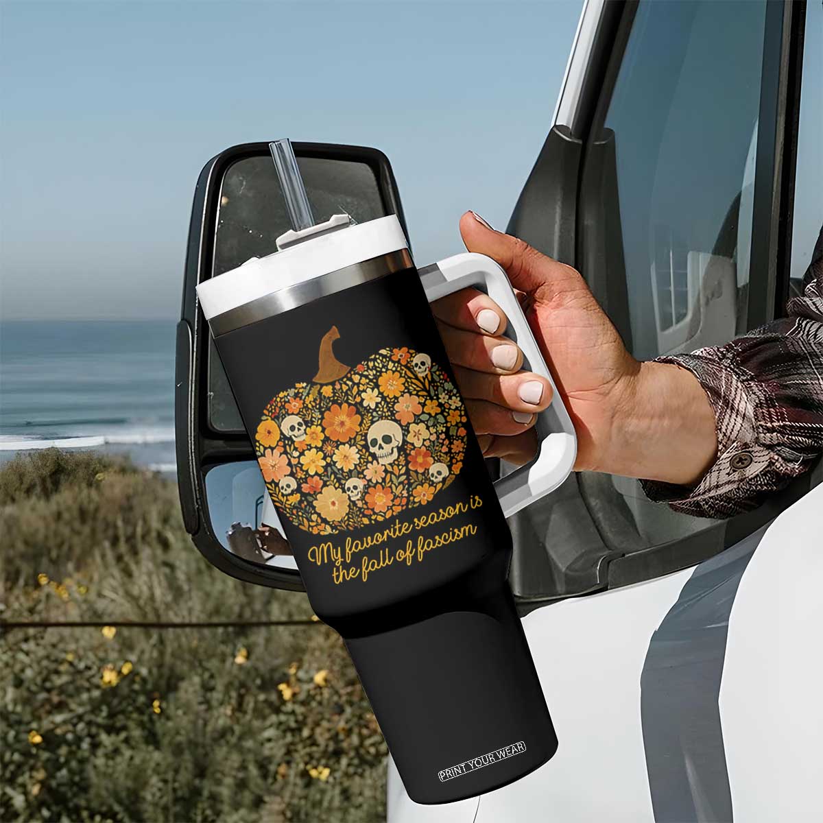 My Favorite Season is the Fall of Fascism Tumbler With Handle Social Justice Halloween Activist TS10 Print Your Wear