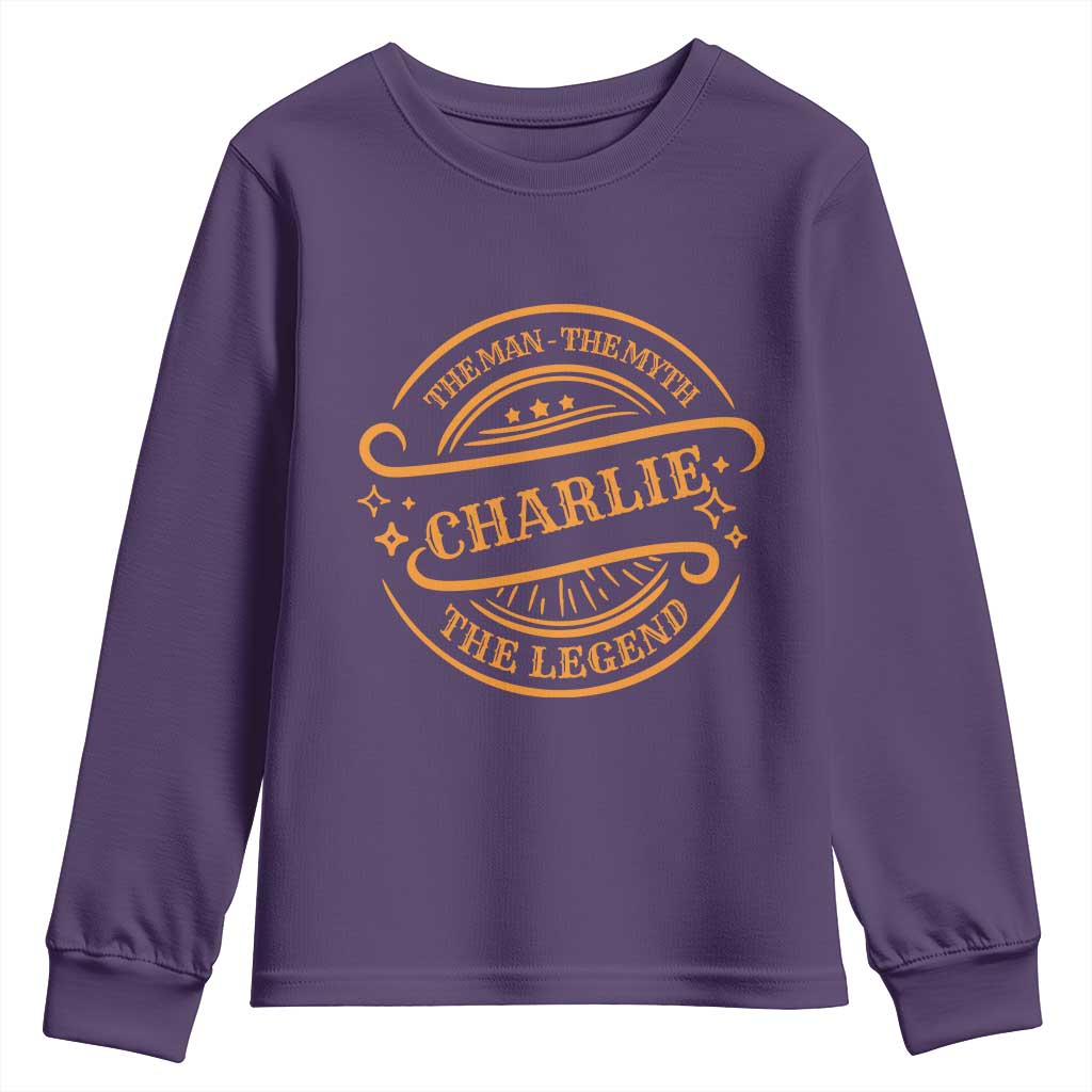 Charlie Kirk Memorial Youth Sweatshirt Vintage The Man The Myth The Legend TS10 Purple Print Your Wear