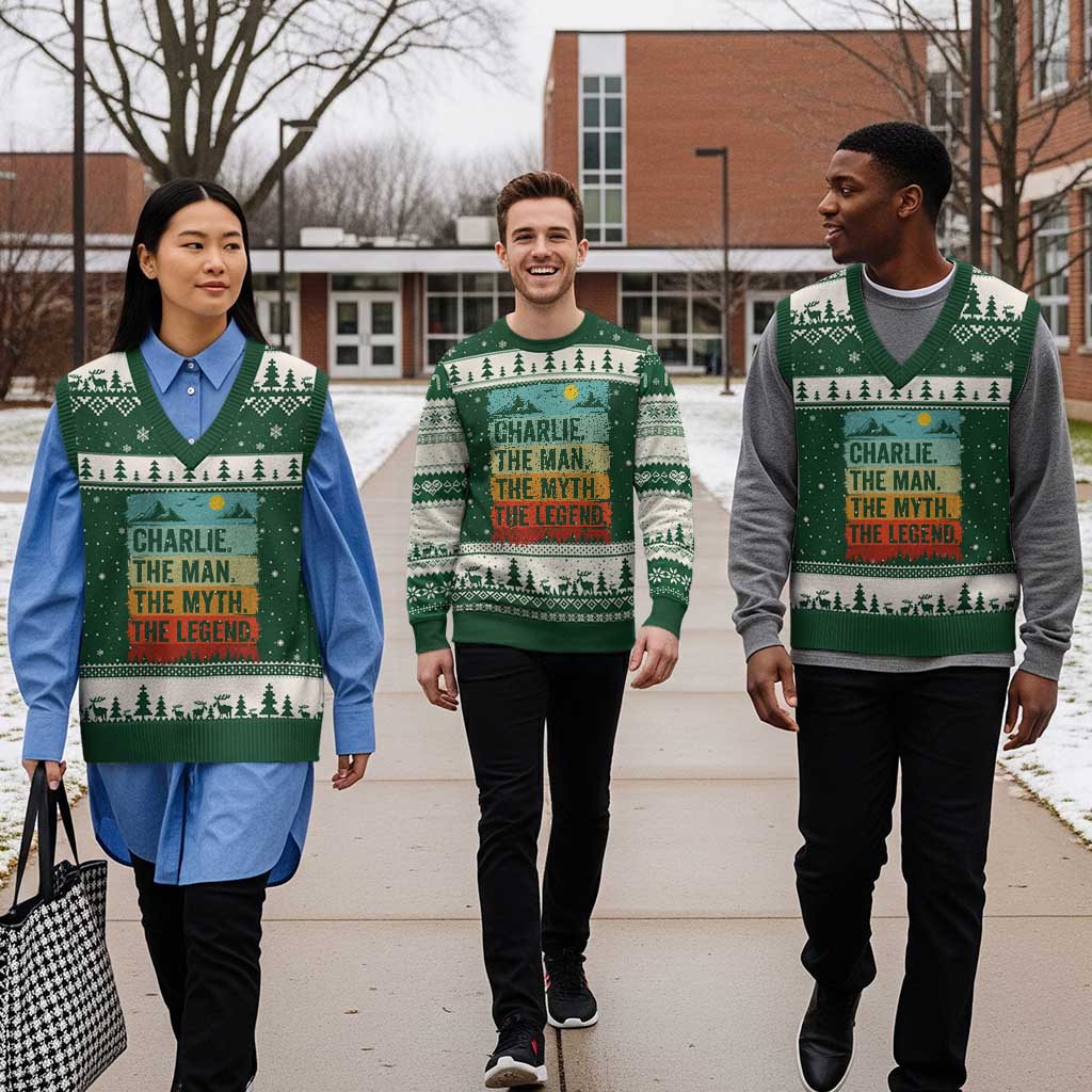 Charlie The Man The Myth The Legend V-Neck Knit Sweater Vest Retro Vintage TS10 Forest Green Beige Print Your Wear