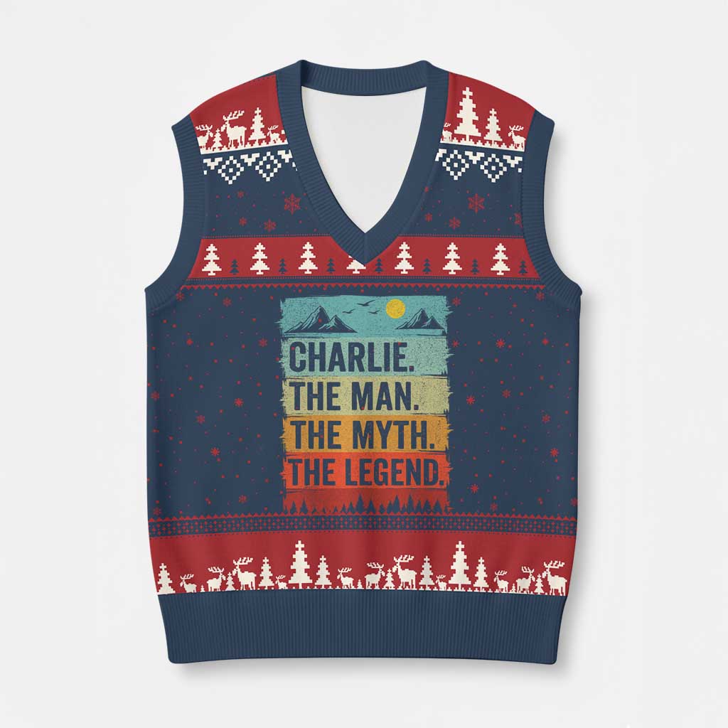 Charlie The Man The Myth The Legend V-Neck Knit Sweater Vest Retro Vintage TS10 Navy Red Print Your Wear