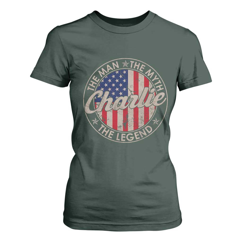 Charlie The Man The Myth The Legend T Shirt For Women Retro Vintage American Flag TS10 Dark Forest Green Print Your Wear
