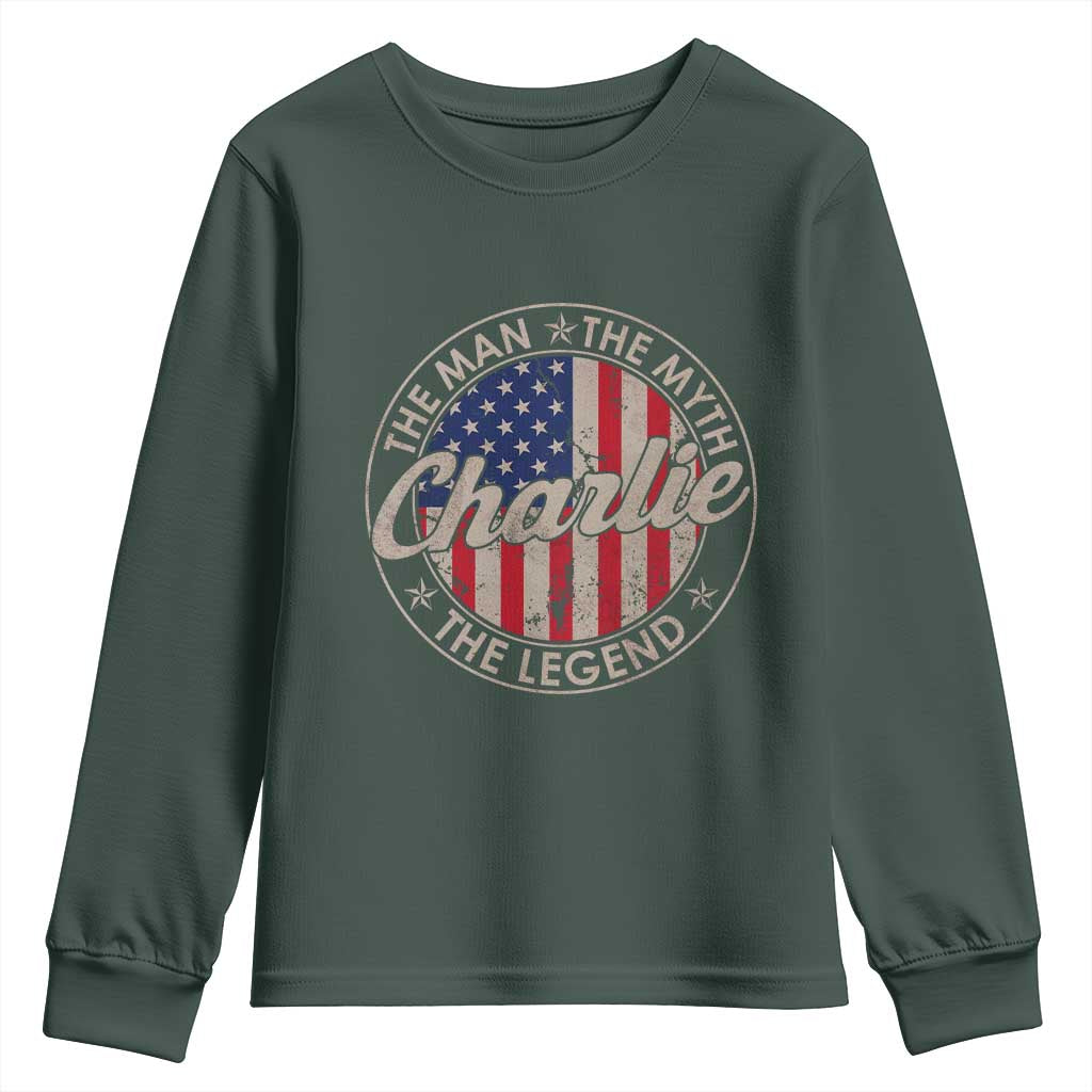 Charlie The Man The Myth The Legend Youth Sweatshirt Retro Vintage American Flag TS10 Dark Forest Green Print Your Wear