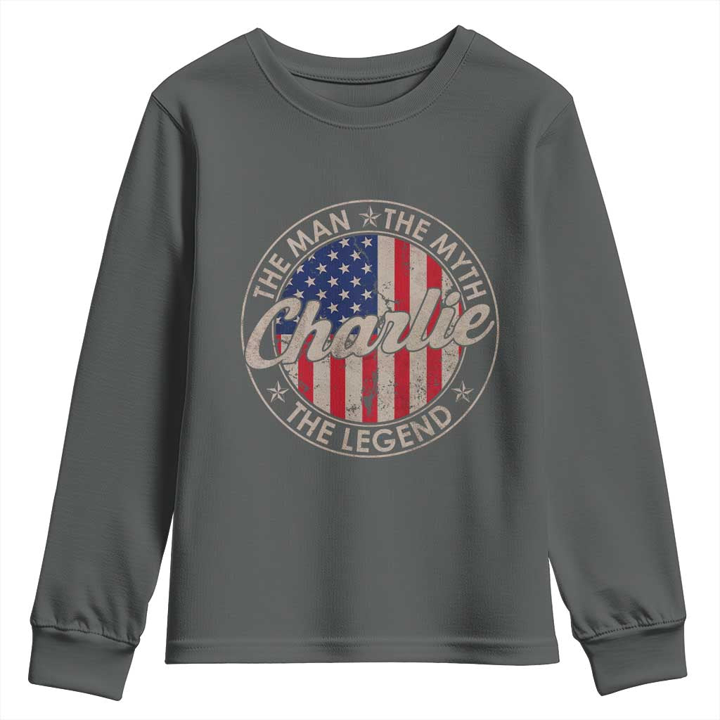 Charlie The Man The Myth The Legend Youth Sweatshirt Retro Vintage American Flag TS10 Dark Heather Print Your Wear