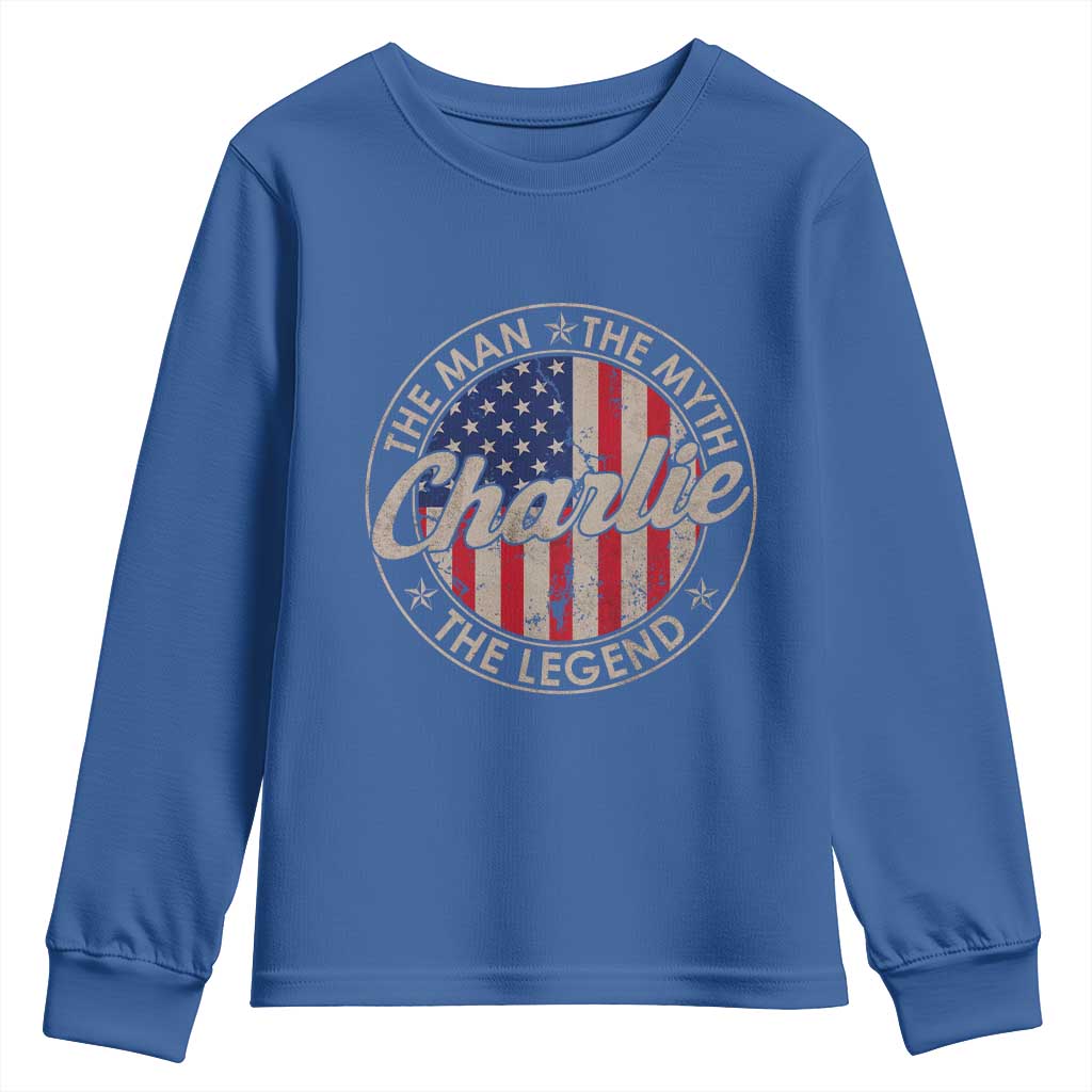Charlie The Man The Myth The Legend Youth Sweatshirt Retro Vintage American Flag TS10 Royal Blue Print Your Wear