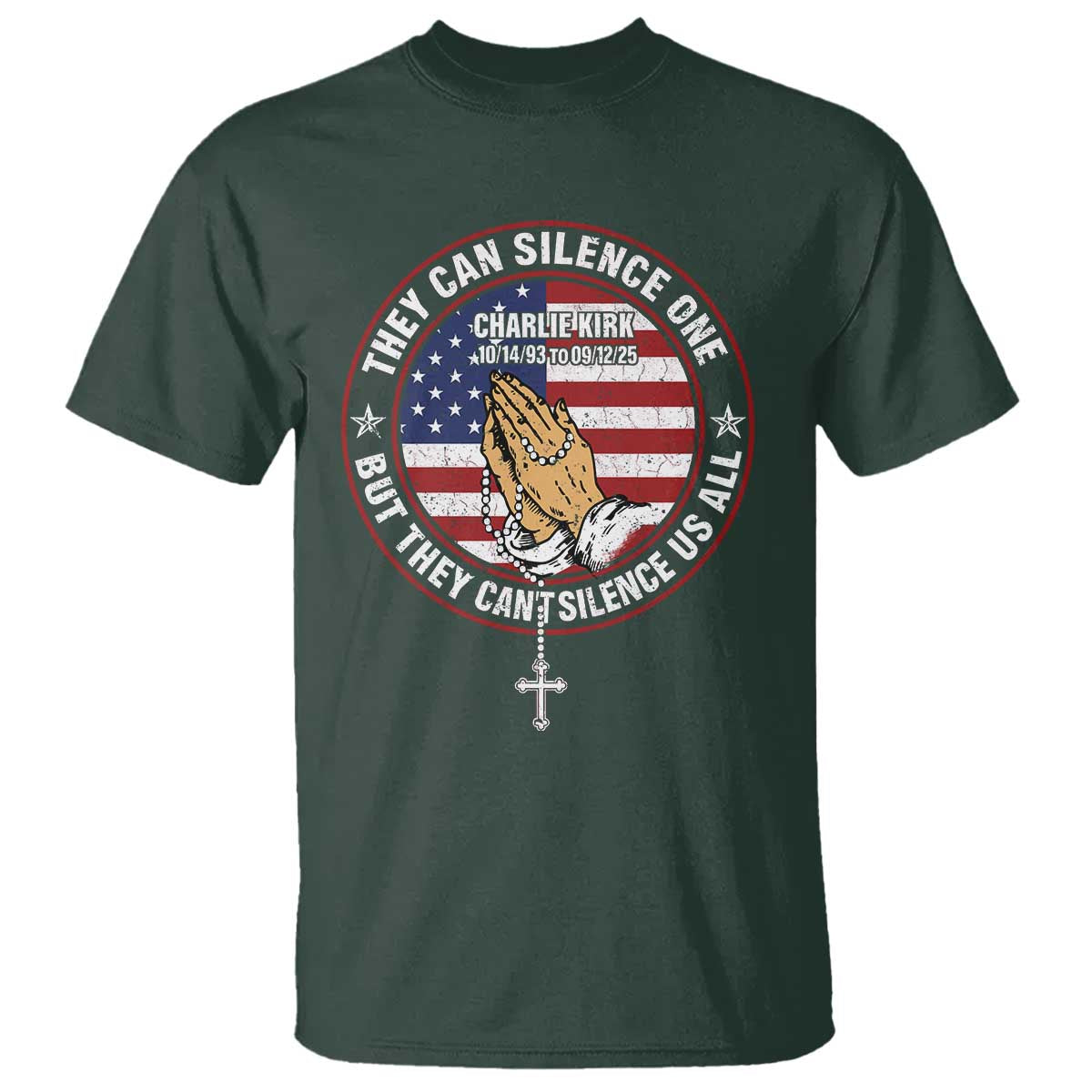 Charlie Kirk Memorial T Shirt Retro American Flag TS10 Dark Forest Green Print Your Wear