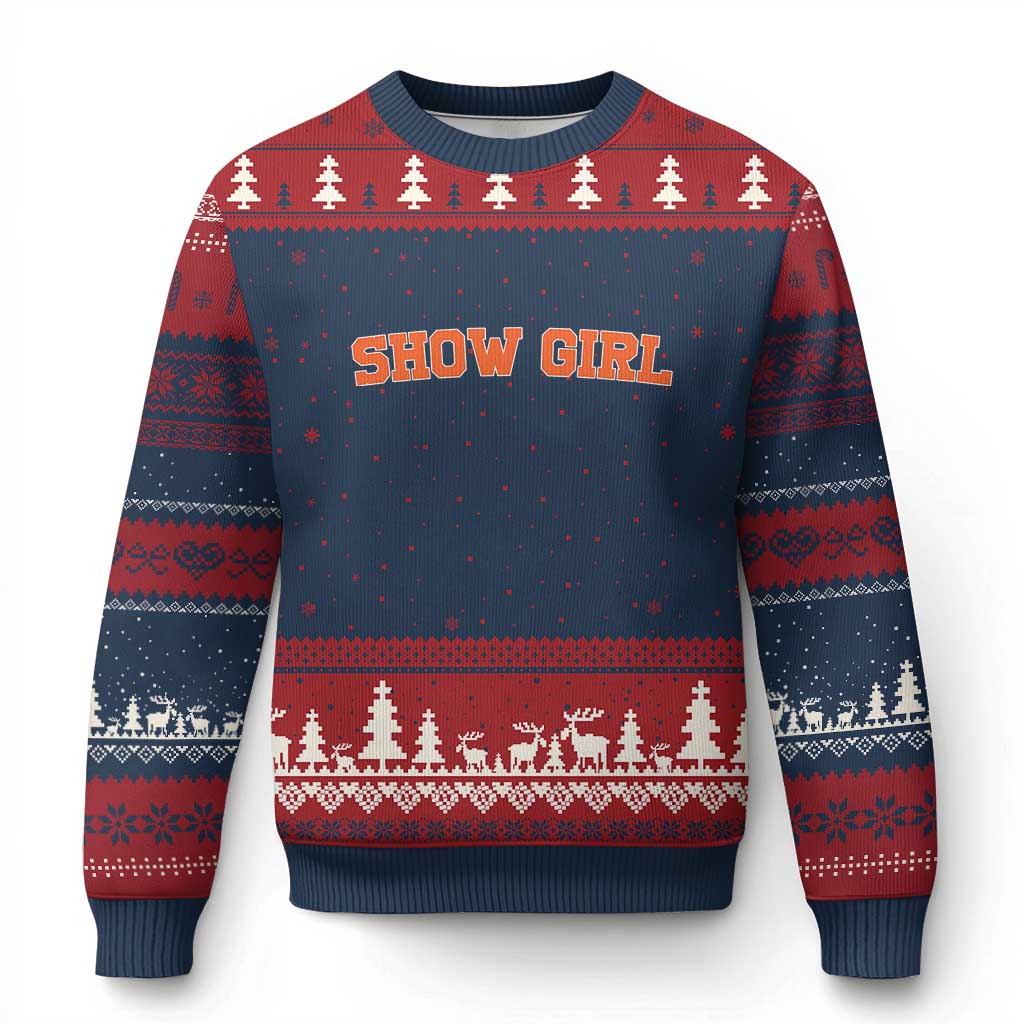 Showgirl Ugly Christmas Sweater Retro Vintage Varsity Sports Orange Text TS10 Navy Red Print Your Wear