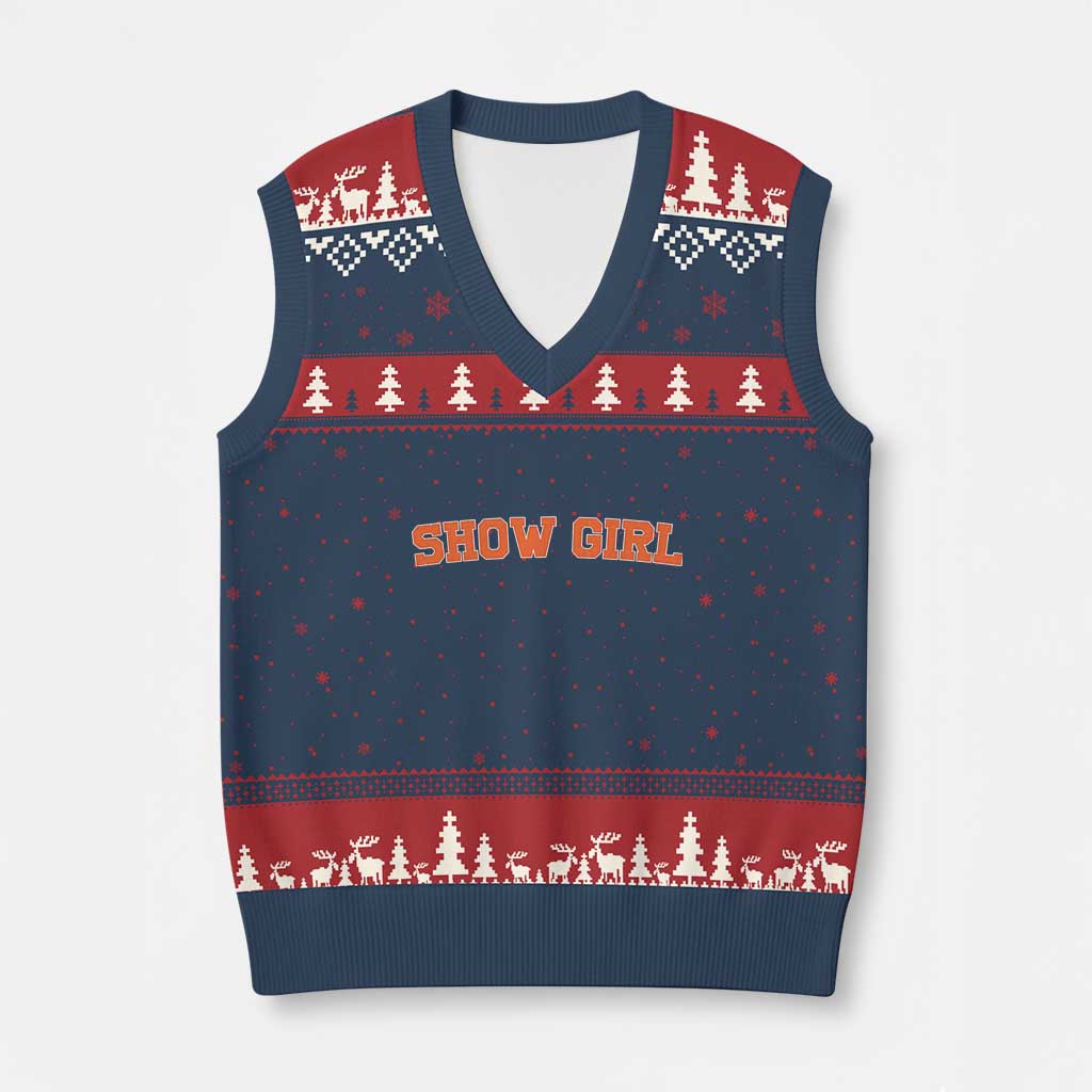 Showgirl V-Neck Knit Sweater Vest Retro Vintage Varsity Sports Orange Text TS10 Navy Red Print Your Wear