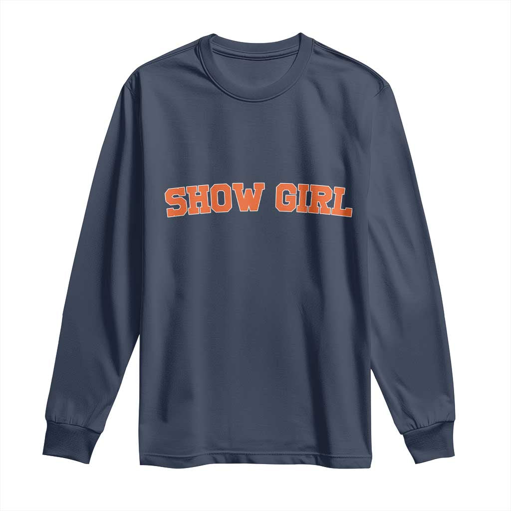 Showgirl Long Sleeve Shirt Retro Vintage Varsity Sports Orange Text TS10 Navy Print Your Wear