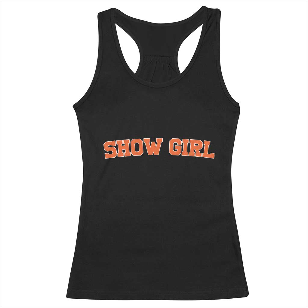 Showgirl Racerback Tank Top Retro Vintage Varsity Sports Orange Text TS10 Black Print Your Wear