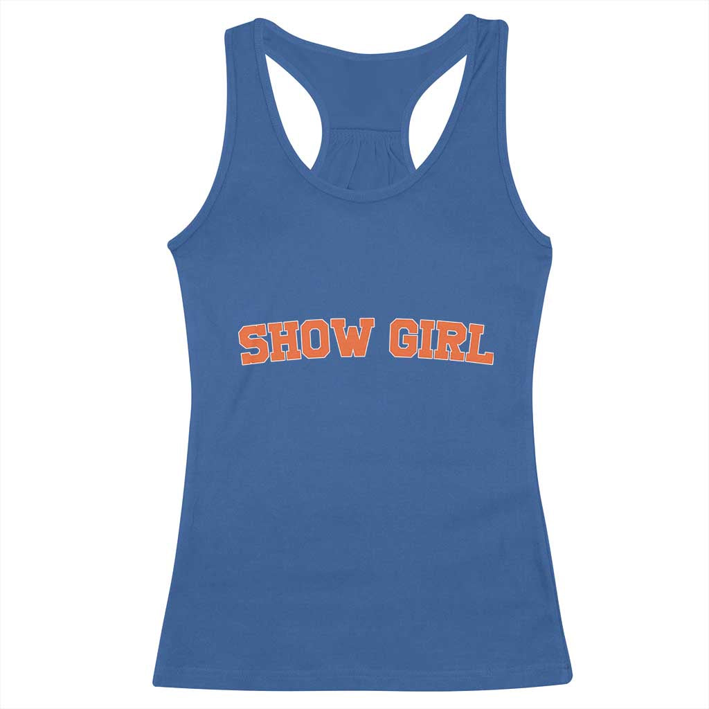Showgirl Racerback Tank Top Retro Vintage Varsity Sports Orange Text TS10 Royal Blue Print Your Wear