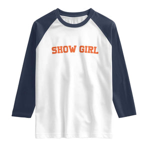 Showgirl Raglan Shirt Retro Vintage Varsity Sports Orange Text TS10 White Navy Print Your Wear
