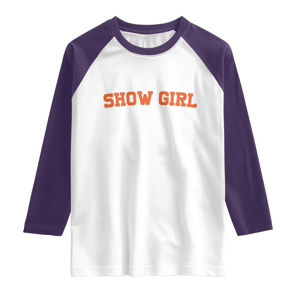 Showgirl Raglan Shirt Retro Vintage Varsity Sports Orange Text TS10 White Purple Print Your Wear