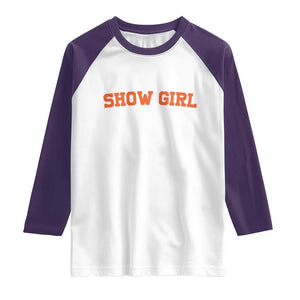 Showgirl Raglan Shirt Retro Vintage Varsity Sports Orange Text TS10 White Purple Print Your Wear