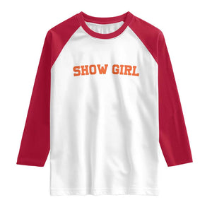Showgirl Raglan Shirt Retro Vintage Varsity Sports Orange Text TS10 White Red Print Your Wear