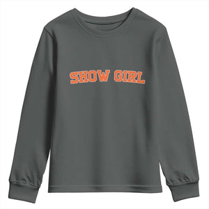 Showgirl Youth Sweatshirt Retro Vintage Varsity Sports Orange Text TS10 Dark Heather Print Your Wear