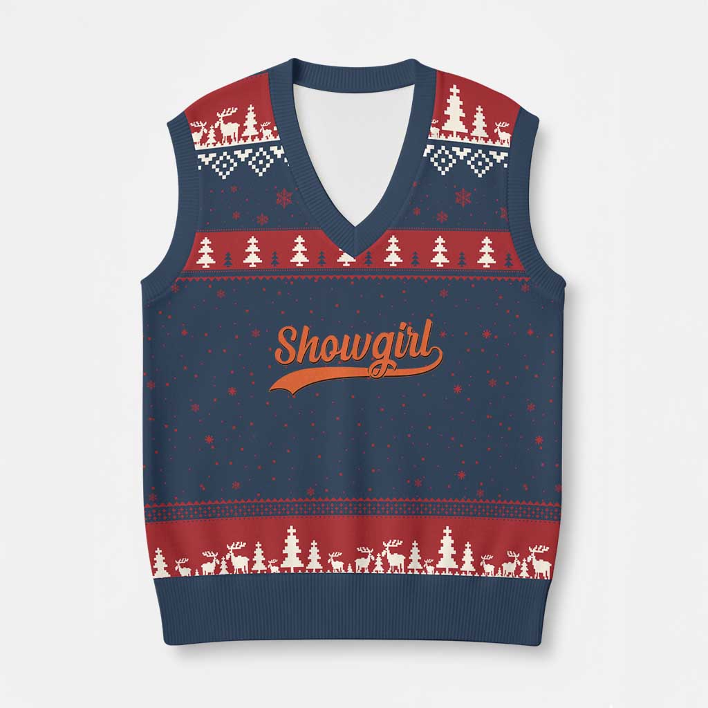 Showgirl V-Neck Knit Sweater Vest Varsity Script Vintage Sports Jersey Style TS10 Navy Red Print Your Wear